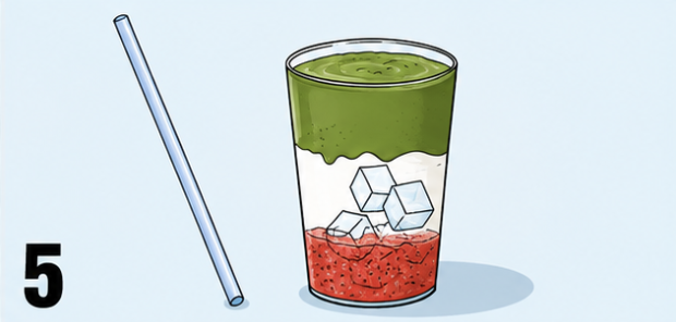 Glas mit farbigen Schichten und Strohhalm, daneben die Zahl 5